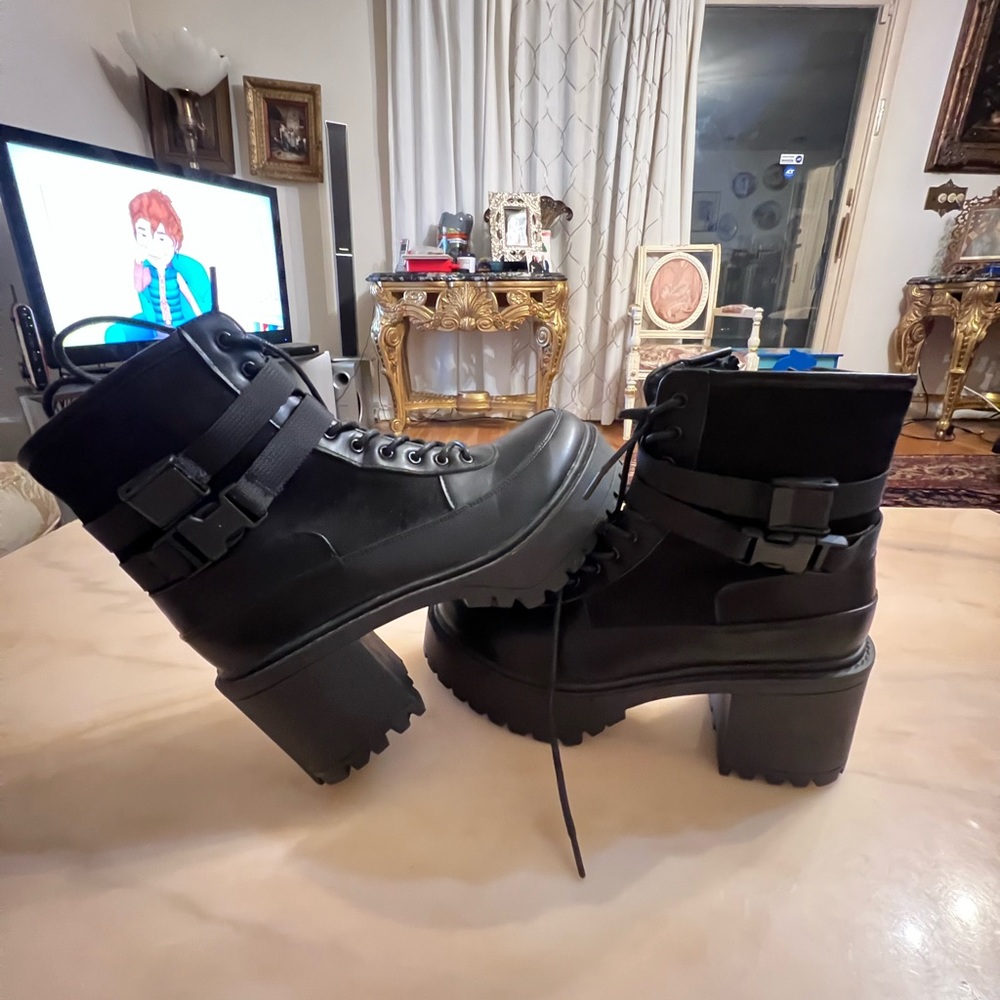 French connection black combat chunky platform lug boots size 10 vegan leather - Picture 7 of 10